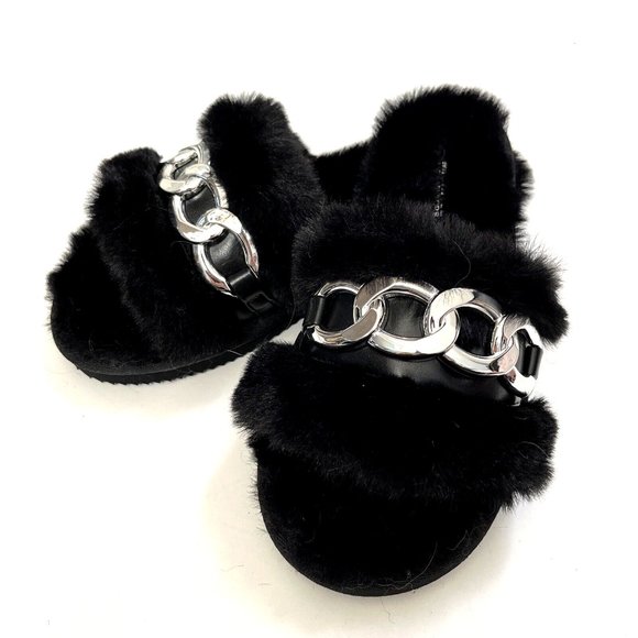NWOB MICHAEL KORS Scarlett Chain Link Faux Fur Slide Sandal Black Fuzzy Furry - Picture 5 of 10